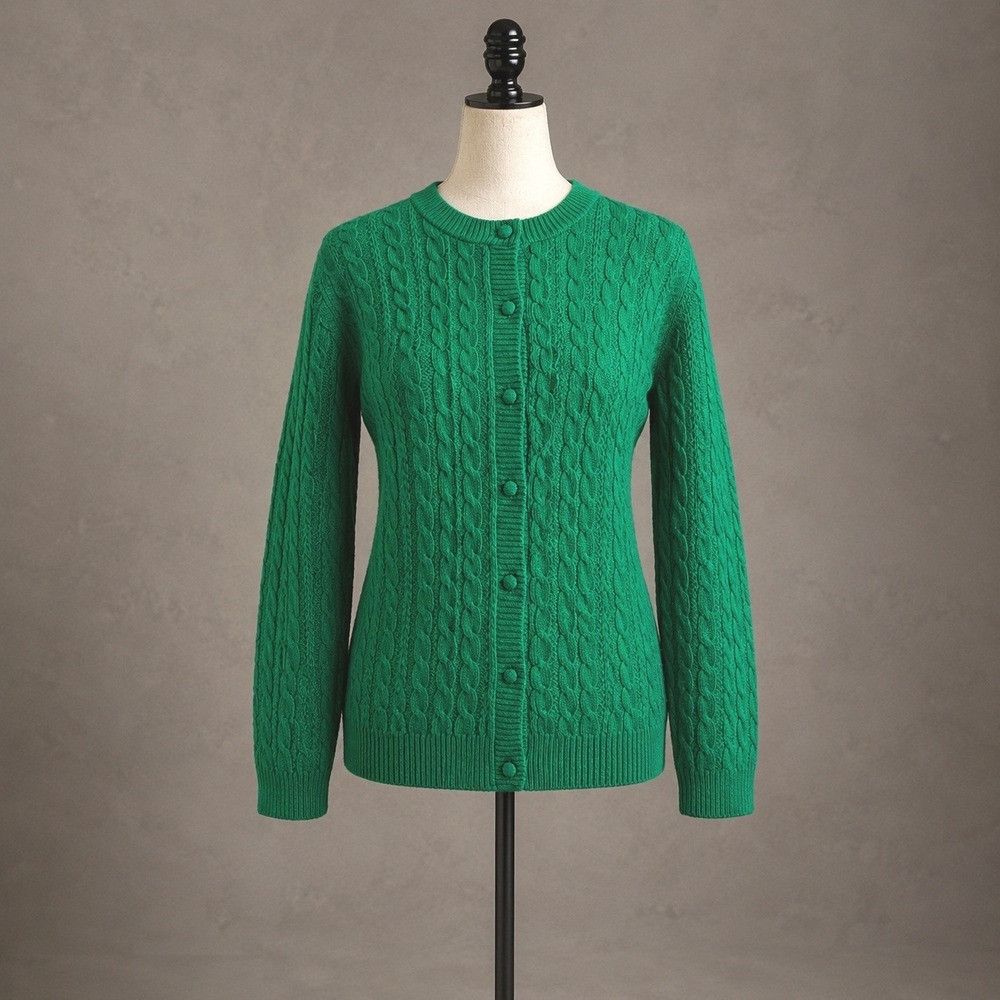 Vintage Cardigan M Kelly Green Acrylic Cable Knit Preppy Cottage Trad Retro